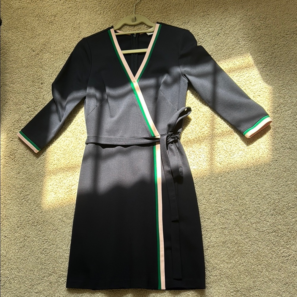 Navy Eliza J Wrap Dress with Green and Pink Trim